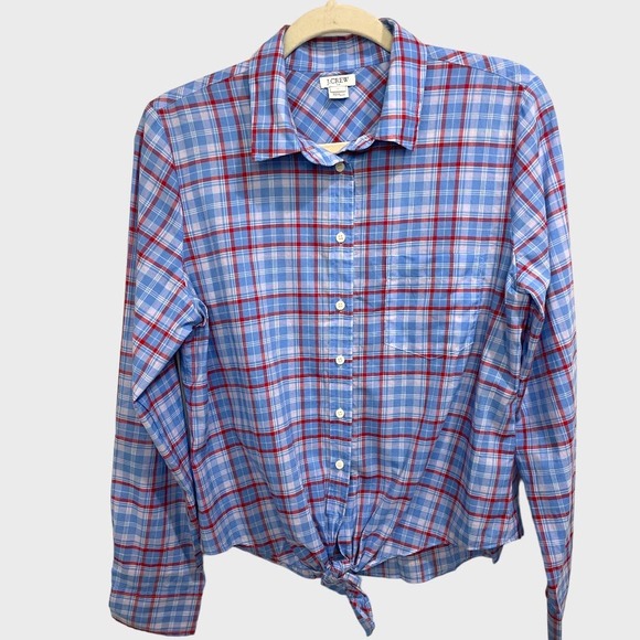 J.Crew Gingham Plaid Check Front Tie Roll Tab Blouse Size Medium - Picture 3 of 8